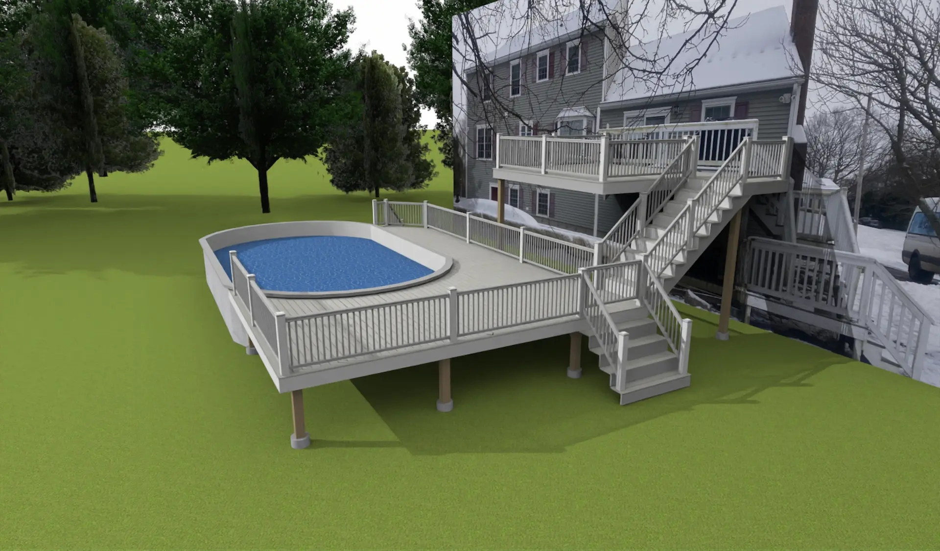 Staged TimberTech PVC pool deck Deck remodeling Deck construction Back yard upgrade Vinyl deck Vinyl decking Composite decking deck builder near me deck contractors near me PT deck with wire rails