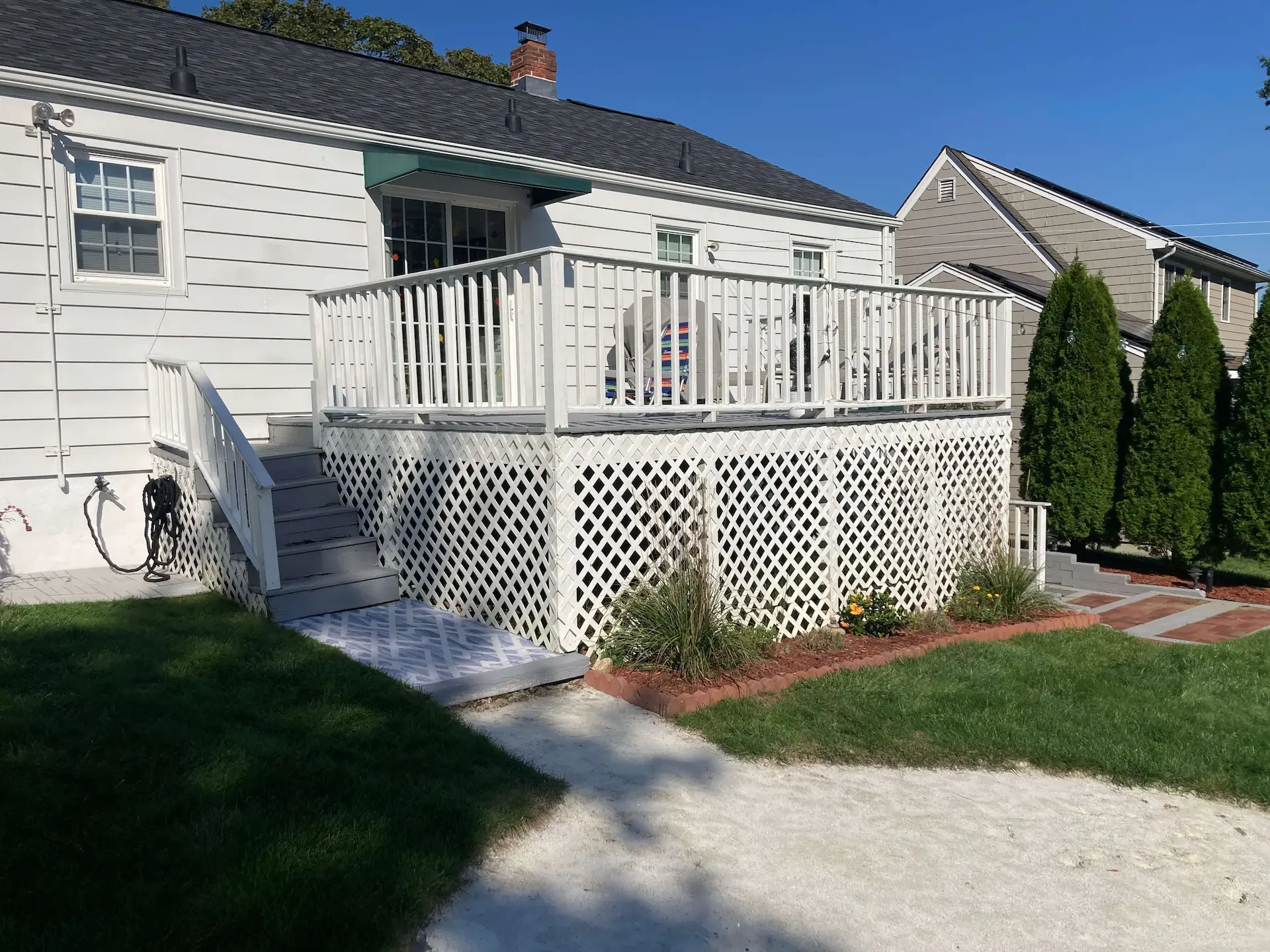 Enhance with square lattice Deck remodeling Deck construction Back yard upgrade Vinyl deck Vinyl decking Composite decking deck builder near me deck contractors near me PT deck with wire rails